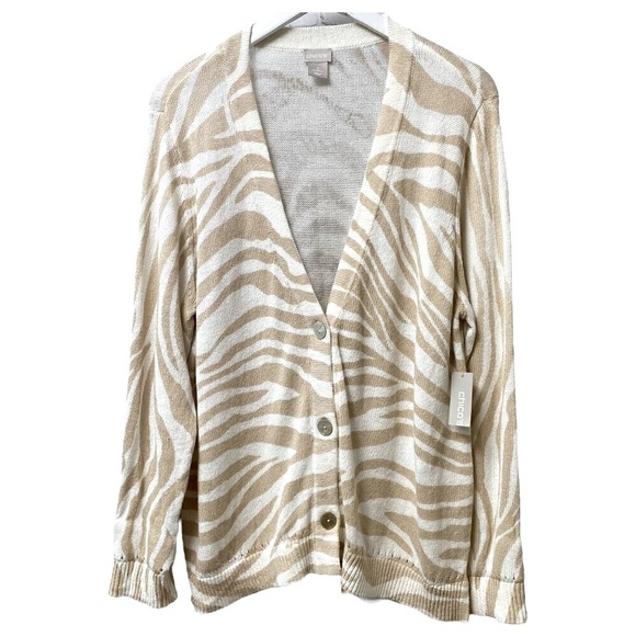 CHICO'S Linen Blend Cardigan Size XL (Chico's 3) Beige Zebra Sweater NWT - Picture 1 of 10